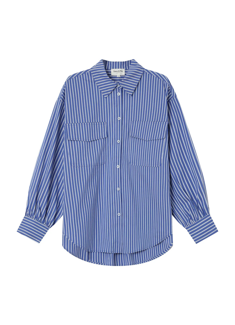 Camisa oversize SORBET BLUE de Grace & Mila | Rayas, cuello camisero y movimiento