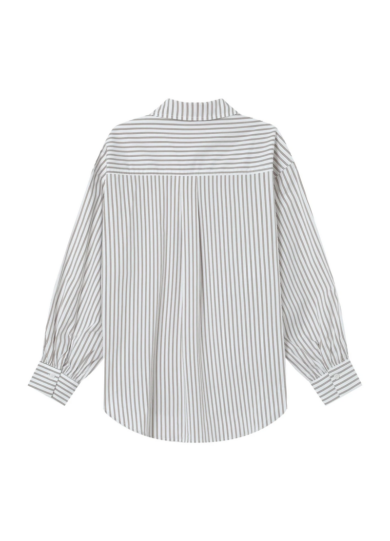 Camisa oversize SORBET GREIGE de Grace & Mila | Rayas, cuello camisero y movimiento