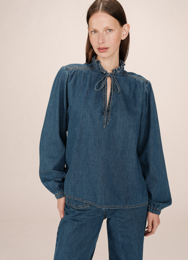 Blusa denim SALSA con lazo en el cuello | Manga larga, escote en V
