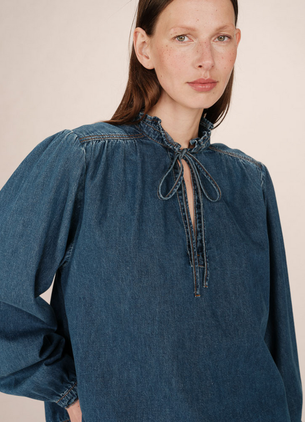Blusa denim SALSA con lazo en el cuello | Manga larga, escote en V