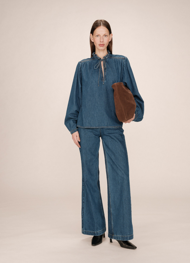 Blusa denim SALSA con lazo en el cuello | Manga larga, escote en V