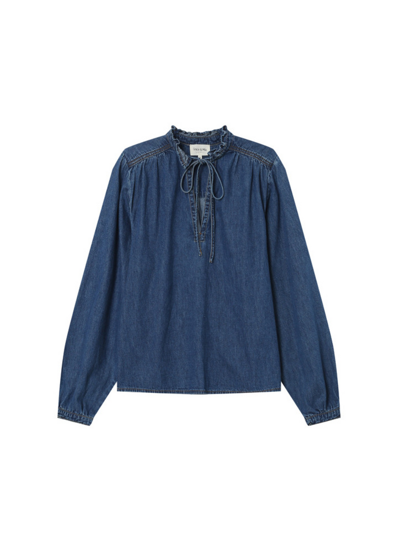 Blusa denim SALSA con lazo en el cuello | Manga larga, escote en V