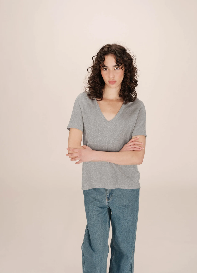 CAMISETA de cuello en V de lúrex color GRIS Stardust