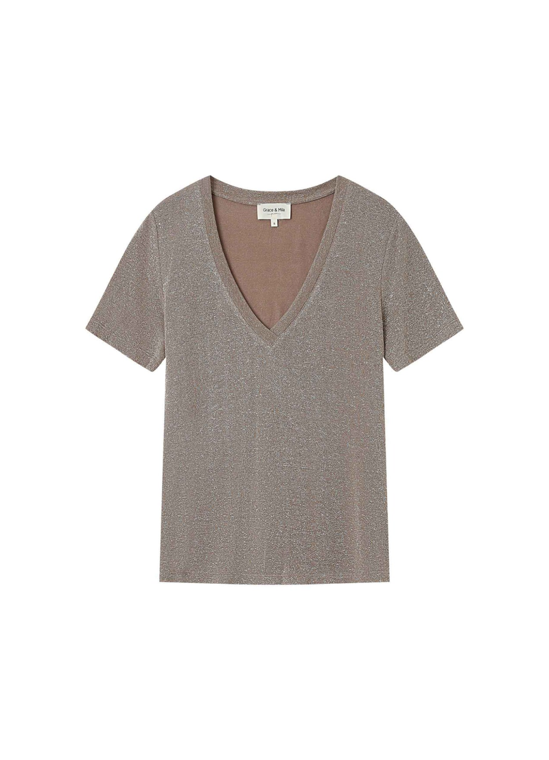 CAMISETA de cuello en V de lúrex color greige Stardust