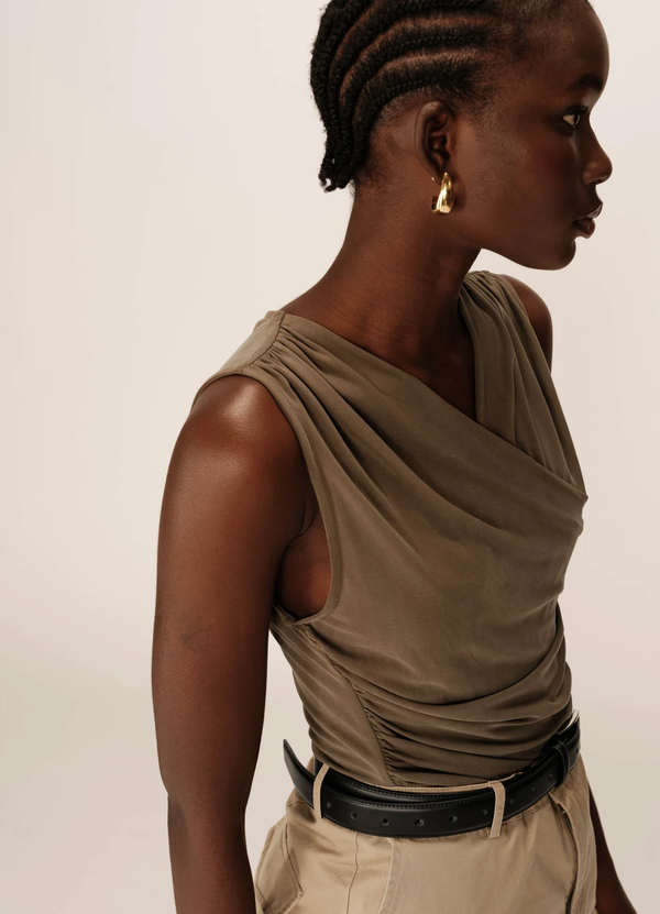 Top drapeado PURE sin mangas color KHAKI