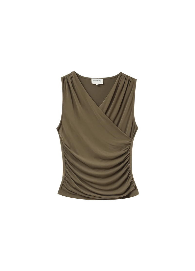 Top drapeado PURE sin mangas color KHAKI