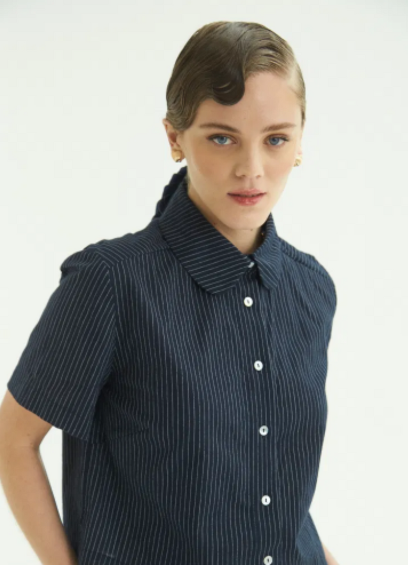 CAMISA TARA AZUL MANGA CORTA Y LINEAS