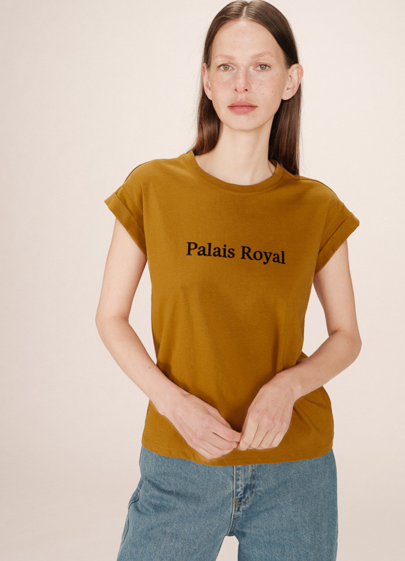 Camiseta SORENTINO con estampado de terciopelo 100% algodón color ocre