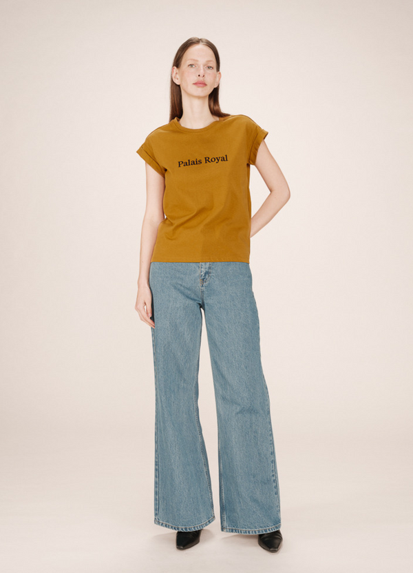 Camiseta SORENTINO con estampado de terciopelo 100% algodón color ocre