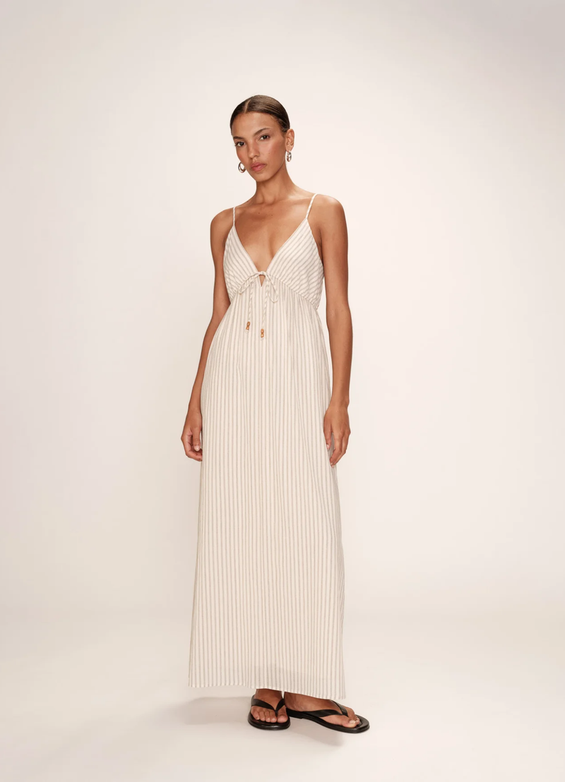 Vestido largo de algodón a rayas color crudo Raja