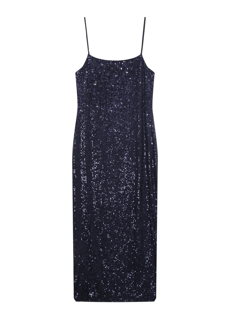 Vestido largo de lentejuelas azul marino Tori