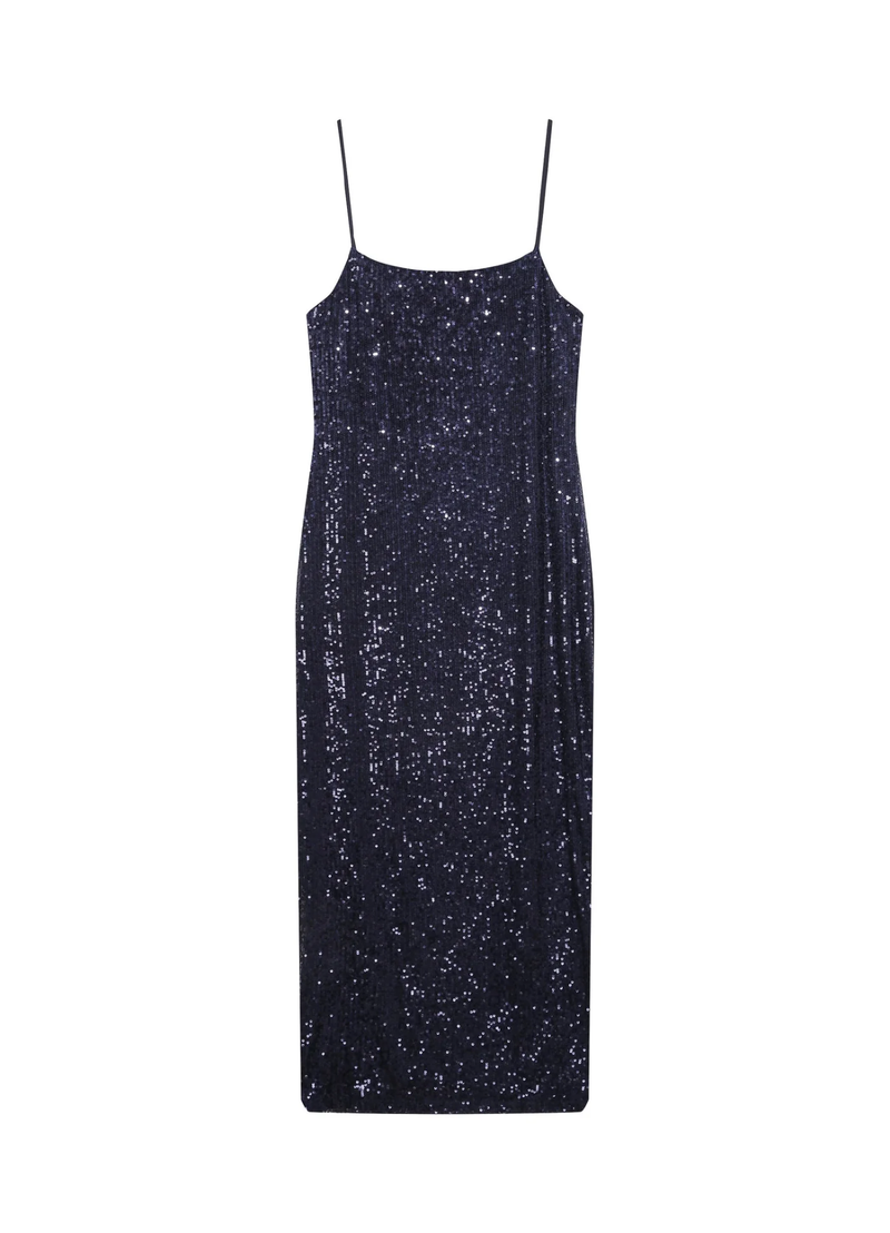 Vestido largo de lentejuelas azul marino Tori