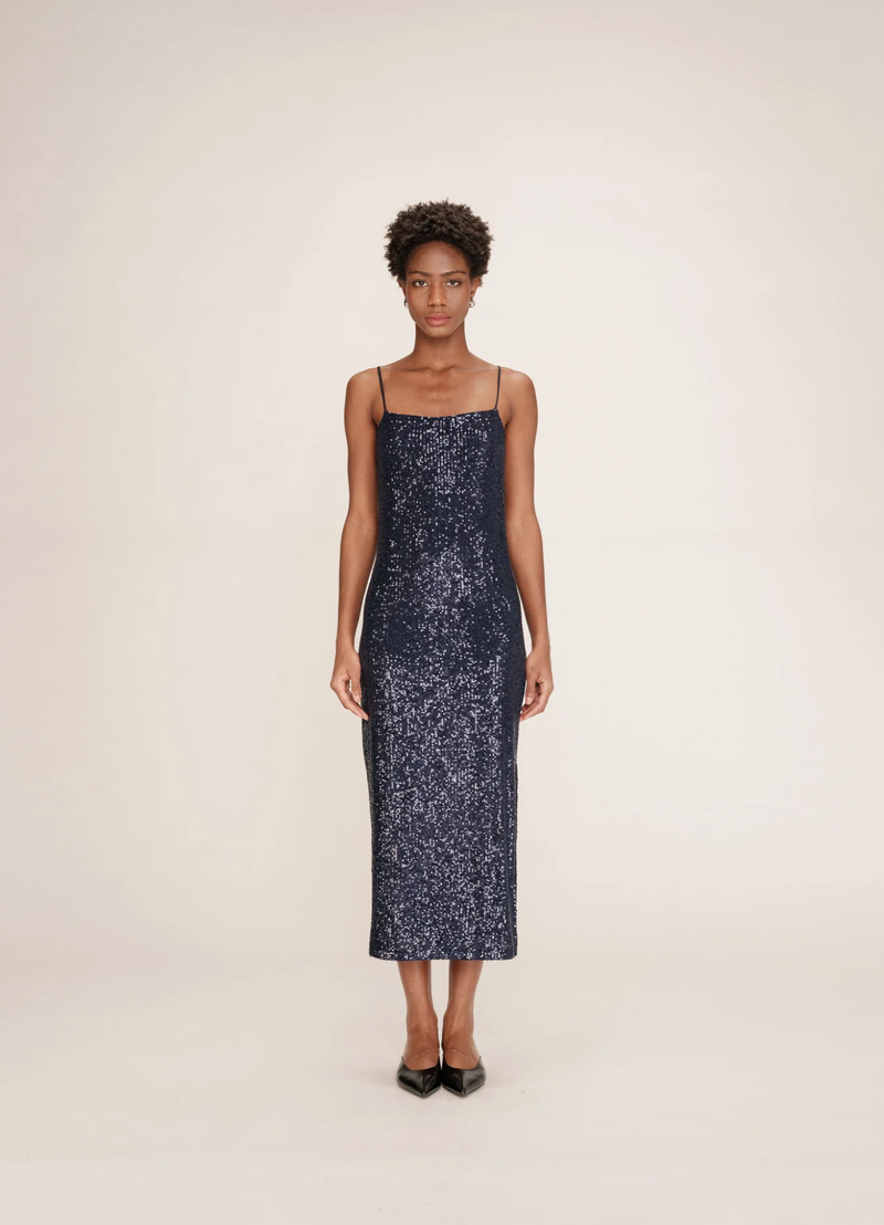 Vestido largo de lentejuelas azul marino Tori