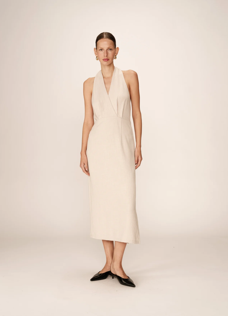 VESTIDO SIN ESPALDA MIDI BEIGE PERLA