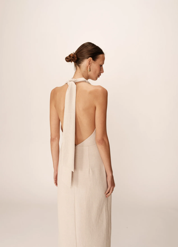 VESTIDO SIN ESPALDA MIDI BEIGE PERLA