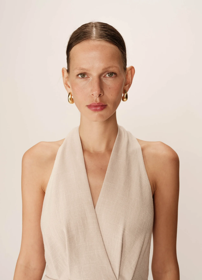 VESTIDO SIN ESPALDA MIDI BEIGE PERLA