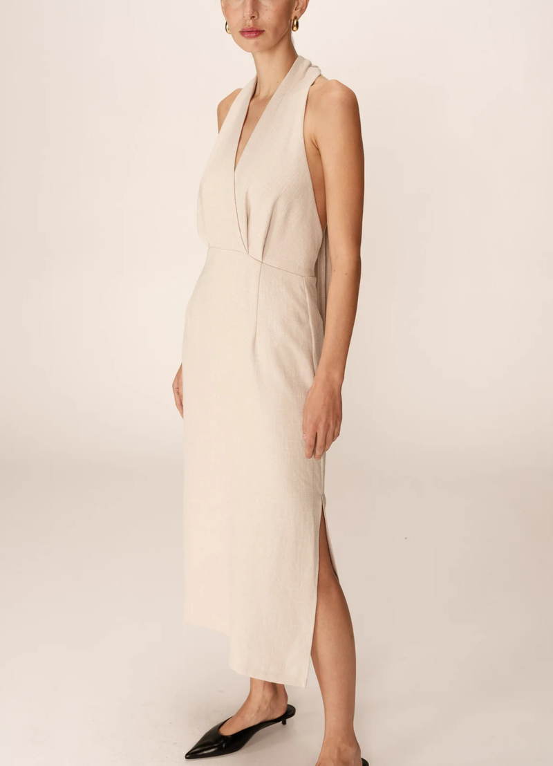 VESTIDO SIN ESPALDA MIDI BEIGE PERLA