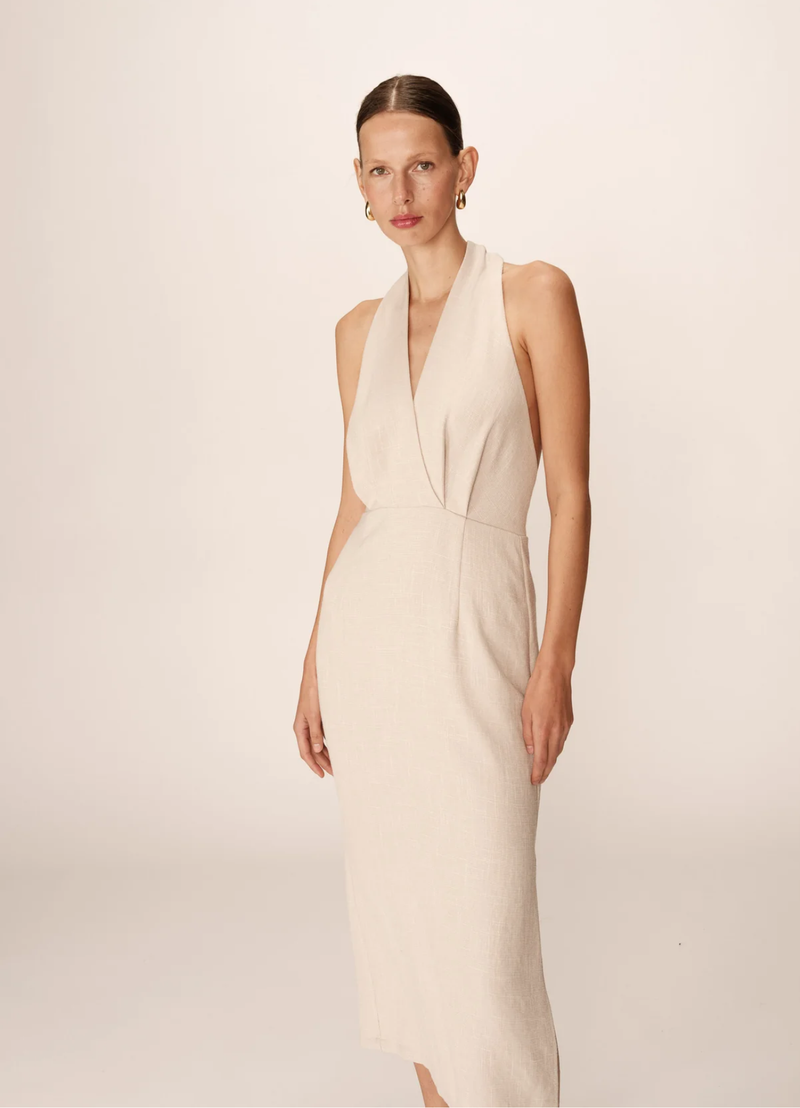 VESTIDO SIN ESPALDA MIDI BEIGE PERLA