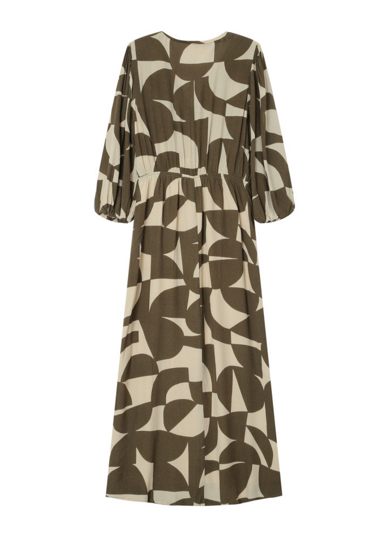 Vestido SHELLY largo con estampado geométrico OLIVE